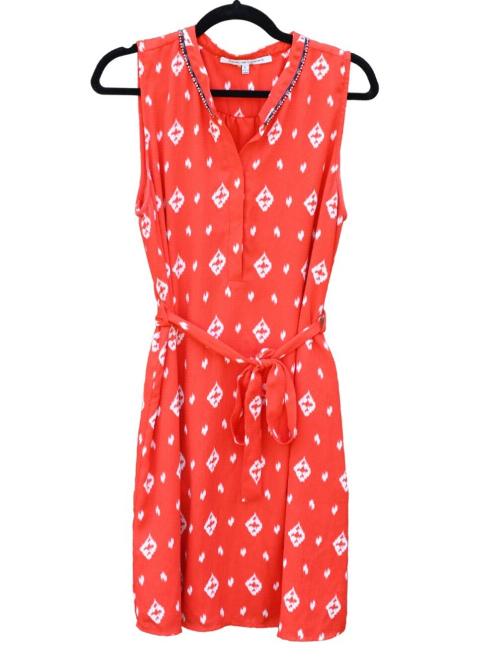Collective Concepts Coral Orange Ikat Beaded Neck Sleeveless Tie Waist Dress L